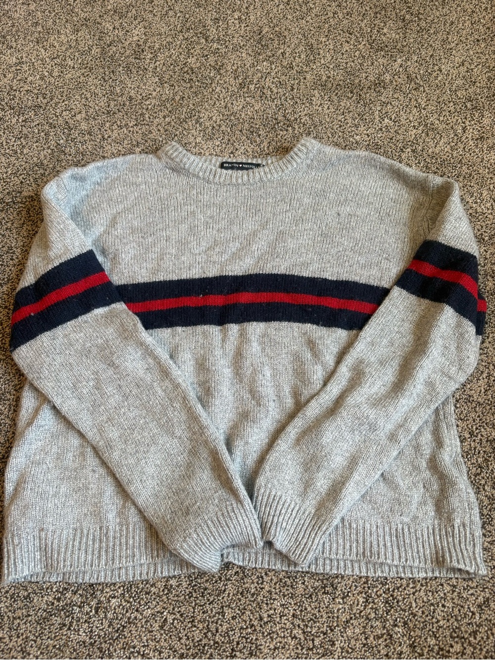 Brandy Melville Gray Crewneck Sweater with Navy and Red Stripes